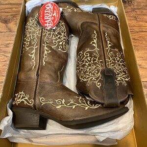 Laredo Brown Western Boots with Cream Floral Embroidered Flowers